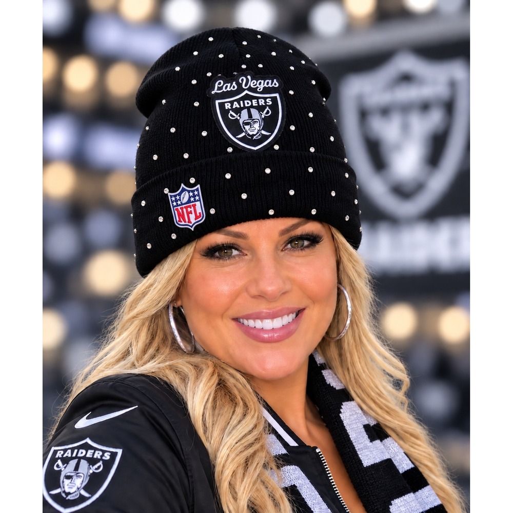 Las Vegas Raiders NFL Womens Rhinestone Knit Beanie Black Cuffed Winter Hat